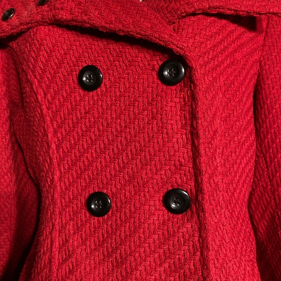 Karen Scott woven fabric heavy warm red pea coat black buttons women’s large - Picture 8 of 13
